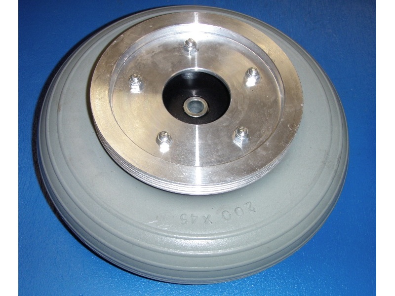 Vollgummirad 200x45mm mit Antriebspully, kugelgelagert, 10mm Nabe