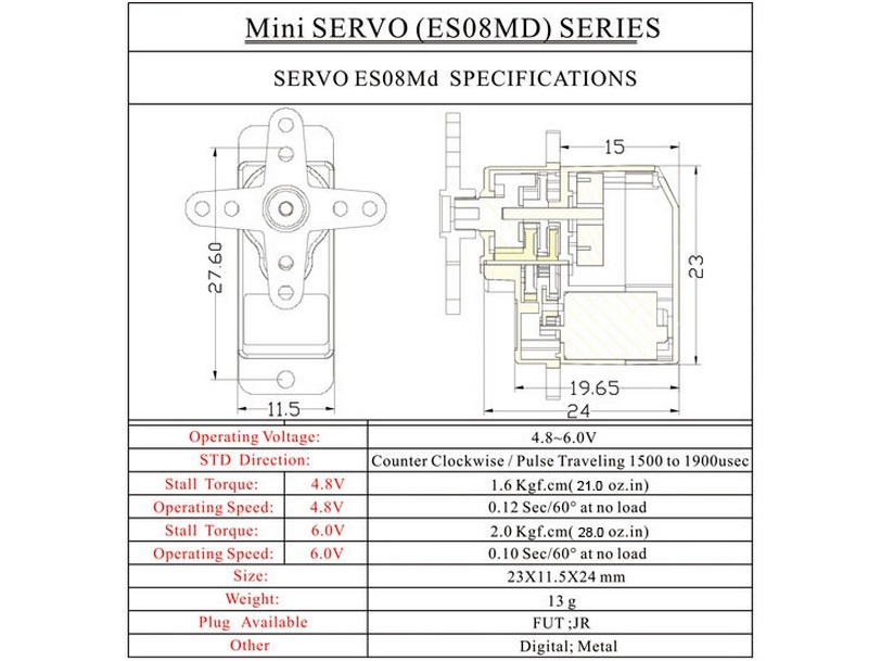 EMax Mini Digital Servo ES08MD II mit Metallgetriebe Stellkraft 2.0kg – Bild 5