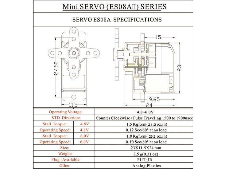 Emax Micro Servo 9gr ES08A II, 23x11.5x24mm, Stellkraft 1.8kg/cm – Bild 4