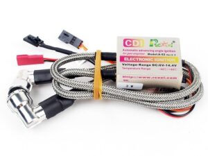Elektronische Zündung zu 2 Zylinder Benzinmotoren u.a.  DLE, DLA ,DL Kerzenstecker CM6 90°