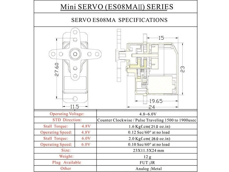 EMax Mini Analog Servo ES08MA II mit Metallgetriebe Kraft 2.0kg/6V – Bild 6