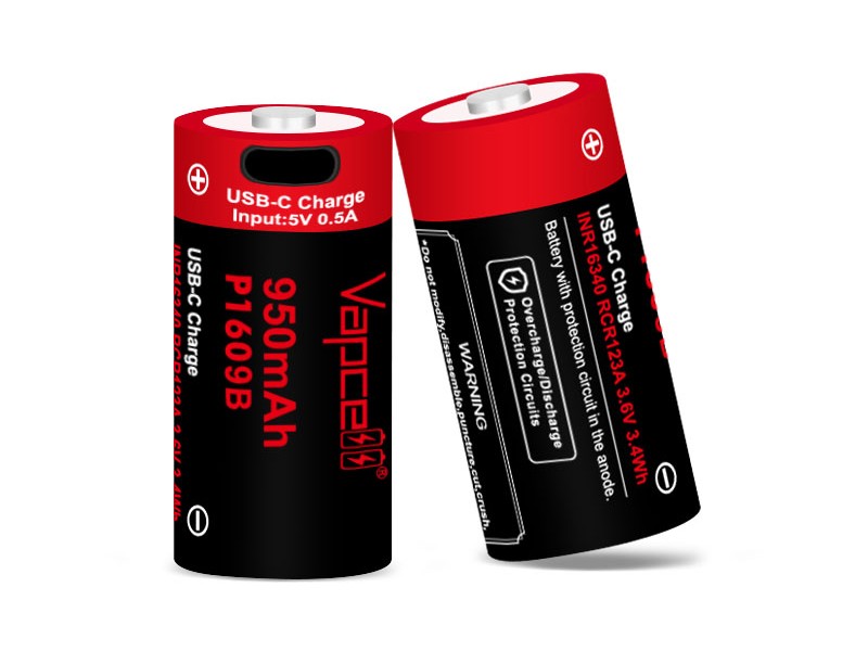 Vapcell Li-Ion Akku 16340 P1609B (CR123) 3.6V 950mAh - USB-C - 1 Stück