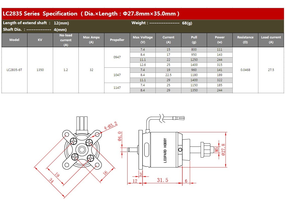 Leopard Brushless Outrunner Motor LC2835-6T, KV1350 – Bild 4
